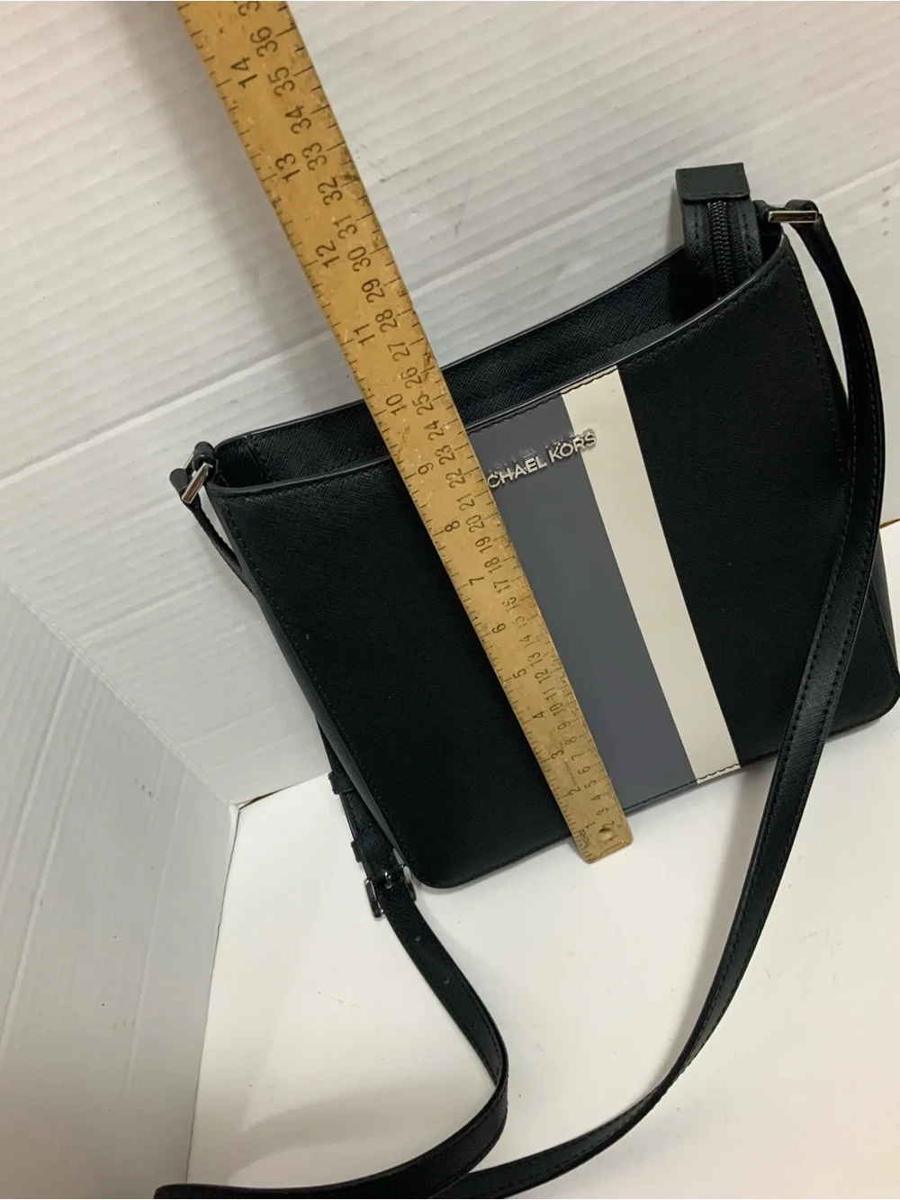 Michael Kors Women Black Saffiano Leather Center Stripe Crossbody Bag Purse